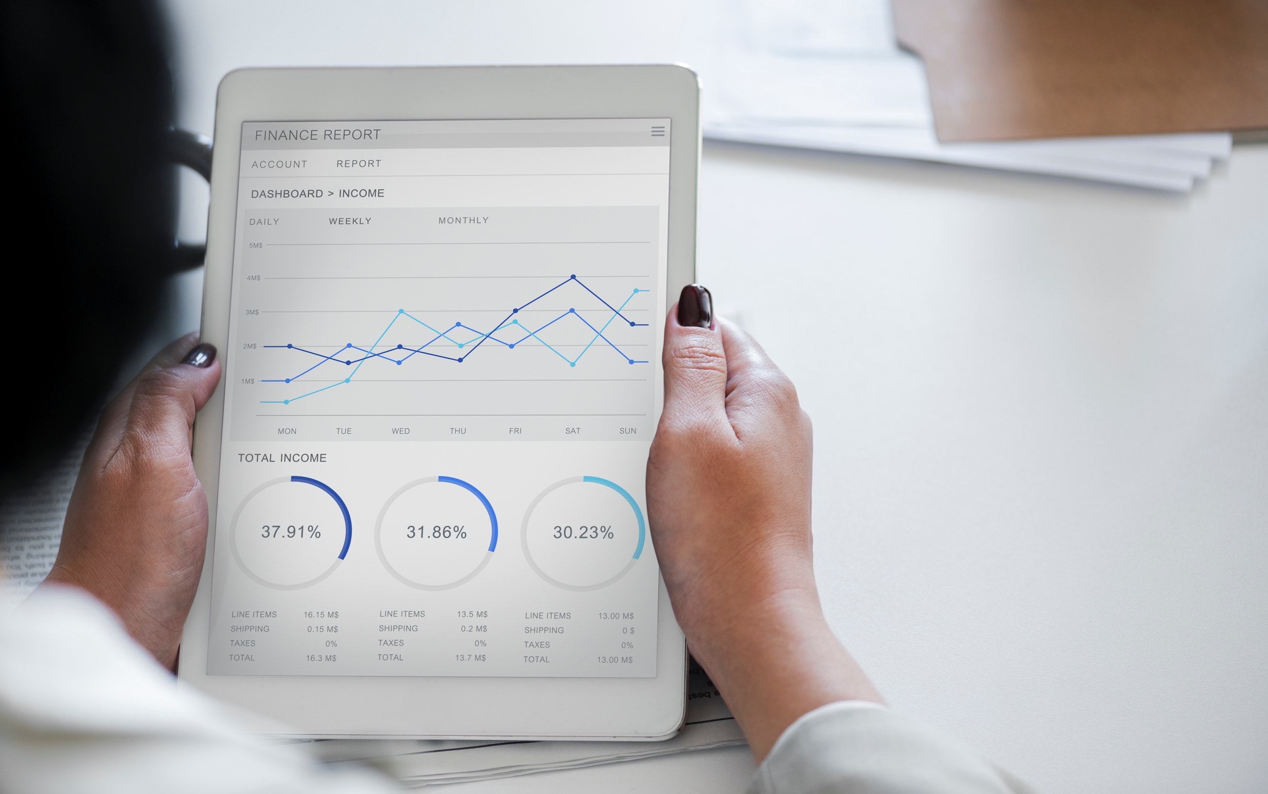 Woman using an iPad to view a finance report through inventory management software.